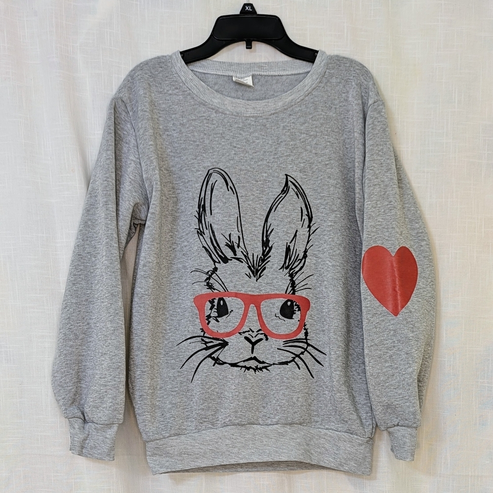 Bunny With Glasses Gray Sweatshirt Heart Sleeve Small